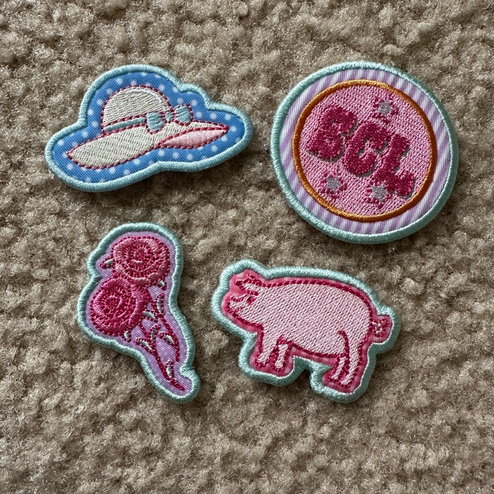 Stoney clover lane piggy flower hat SCL logo pink embroidered stickers patches